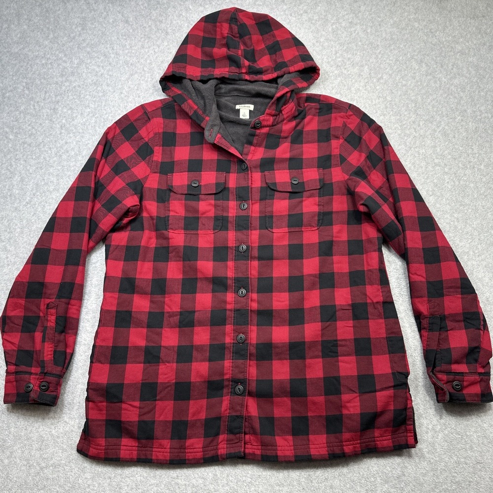 LL Bean Fleece Lined Flannel Hoodie Women Small Red Buffalo Plaid Cozy Shacket - Picture 1 of 13